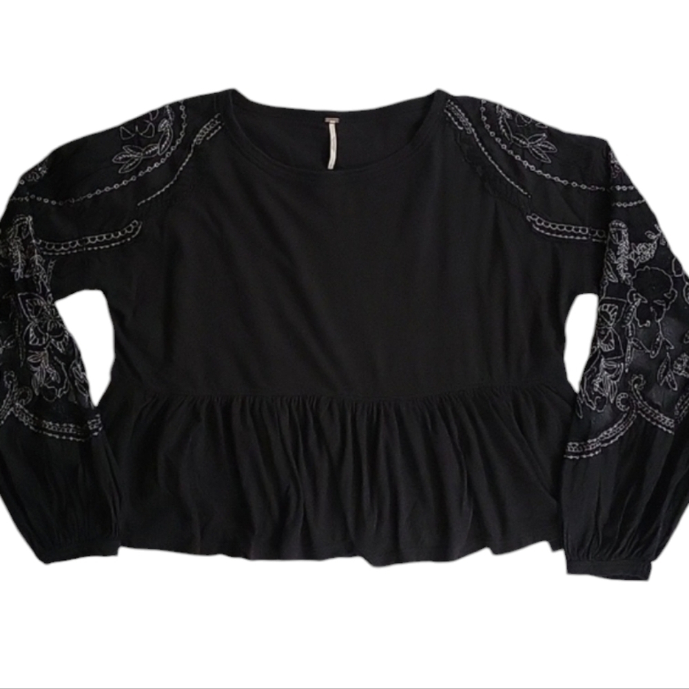Free People Peplum Lace Longsleeve Black Blouse Top Women's S